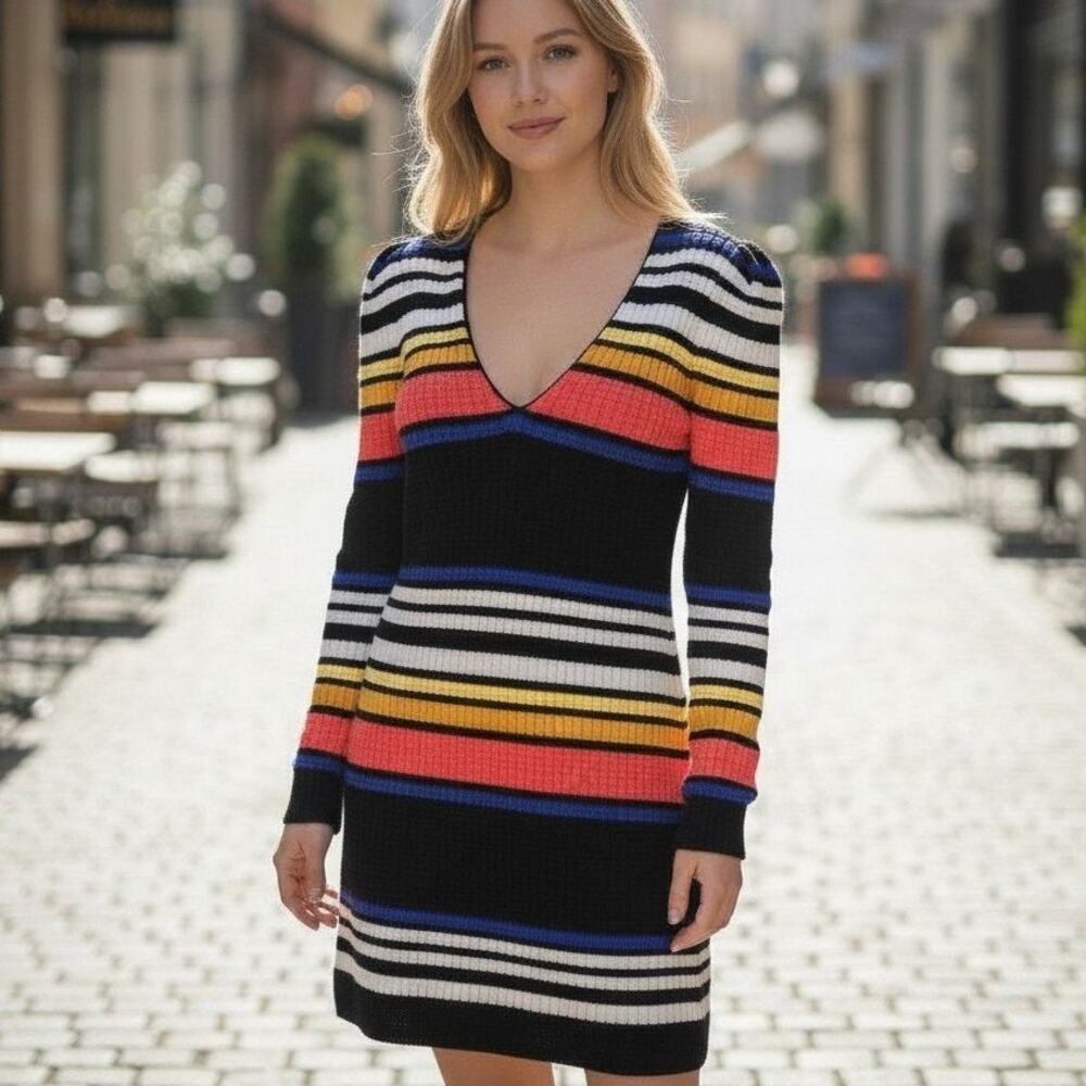 Free People Multi Color Shift Mini‎ Dress Sz XS Deep V Neck Stretchy